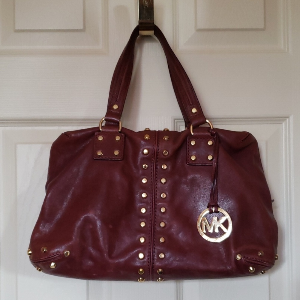 Michael Kors Burgundy Studded Leather Hobo Bag